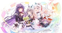 Rule 34 | !?, ..., 4girls, ;d, abstract background, absurdres, ahoge, ai-chan (honkai impact), alternate costume, animal ear headphones, animal ears, asymmetrical clothes, bare shoulders, beads, belt, black belt, black gloves, black jacket, black necktie, bow, breasts, bronya zaychik, chibi, cleavage, cleavage cutout, clothing cutout, copyright name, cowboy shot, crescent, crescent pin, detached collar, double bun, dress, drill hair, earrings, emoticon, english text, fake animal ears, fingerless gloves, footwear bow, frills, gloves, green hair, grey eyes, grey hair, hair bow, hair bun, hair ornament, hairpin, handkerchief, hata (ohataa0), headphones, heart, high ponytail, highres, honkai (series), honkai impact 3rd, jacket, jewelry, kiana kaslana, kneehighs, leaning forward, long hair, looking at viewer, lower teeth only, makeup brush, medium breasts, multicolored hair, multiple girls, musical note, name tag, necktie, off shoulder, one eye closed, open mouth, purple eyes, purple hair, rabbit ear headphones, rabbit ears, raiden mei, reaching, reaching towards viewer, red ribbon, red trim, ribbon, see-through, shorts, small breasts, smile, socks, spoken ellipsis, spoken expression, spoken heart, spoken interrobang, standing, strap, teeth, twin drills, two-tone hair, very long hair, white shorts, wristband, x hair ornament