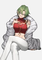 Rule 34 | 1girl, absurdres, arm support, arm tattoo, armpit crease, black survival, blue eyes, breasts, coat, commentary, crop top, crossed legs, diamond earrings, earrings, english commentary, eternal return: black survival, fingernails, fur coat, green hair, green nails, hand on own chest, head tilt, highres, invisible chair, jewelry, large breasts, lenox (black survival), looking at viewer, midriff, nail polish, necklace, no headwear, off shoulder, official alternate costume, pants, red shirt, shirt, short hair, simple background, sitting, smile, solo, tattoo, teeth, tunamayo (dsasd751), white background, white pants