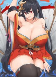 Rule 34 | 1girl, absurdres, azur lane, black thighhighs, breasts, cleavage, cromwellb, crossed bangs, curvy, hair ornament, hand fan, highres, huge breasts, japanese clothes, kimono, long hair, on water, red eyes, red kimono, smile, solo, taihou (azur lane), thick thighs, thighhighs, thighs, twintails