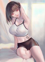 Rule 34 | 1girl, absurdres, arm support, arm up, armpits, bike shorts, black hair, black shorts, blunt bangs, breasts, covered erect nipples, crop top, head tilt, highres, labret piercing, large breasts, lips, looking at viewer, midriff, navel, navel piercing, nekobell, on bed, original, piercing, red eyes, short hair, shorts, sitting, solo, sweat, tank top, tattoo, thighs, white tank top
