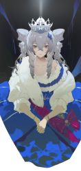 Rule 34 | 1girl, absurdres, blue dress, bracelet, bronya zaychik, crossed bangs, crown, dress, drill hair, expressionless, feather boa, grey eyes, grey hair, hair between eyes, hair ornament, highres, honkai (series), honkai impact 3rd, jewelry, long hair, long sleeves, looking at viewer, necklace, own hands together, pearl necklace, quad drills, solo, twintails, yukizawa xueze