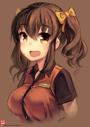Rule 34 | 1girl, :d, black shirt, bow, breasts, brown background, brown hair, collared shirt, commentary, english commentary, gao (gaolukchup), hair between eyes, hair bow, large breasts, looking at viewer, name tag, open mouth, orange eyes, orange vest, patreon username, shirt, simple background, smile, solo, twintails, upper body, vest, waiter, wing collar, yellow bow