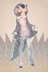 Rule 34 | 1girl, bird tail, blush, brown eyes, buttons, closed mouth, coat, full body, fur collar, grey coat, head wings, highres, kemono friends, long sleeves, mifu (b24vc1), multicolored hair, northern white-faced owl (kemono friends), owl ears, pantyhose, pocket, shoes, short hair, solo, tail, two-tone hair, white pantyhose, wings