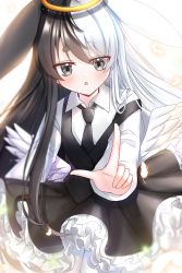 Rule 34 | 1girl, angel, angel wings, animal ears, bad id, bad pixiv id, black hair, black necktie, black skirt, black vest, blush, commentary request, feathered wings, frilled skirt, frills, grey eyes, hair between eyes, halo, highres, index finger raised, long sleeves, looking at viewer, low wings, mamel 27, multicolored hair, necktie, original, outstretched arm, parted lips, rabbit ears, shirt, short eyebrows, skirt, solo, split-color hair, thick eyebrows, two-tone hair, vest, white hair, white shirt, white wings, wings