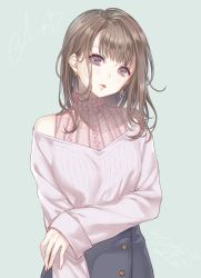 Rule 34 | 1girl, ao+beni, artist name, bare shoulders, black skirt, blush, brown hair, earrings, grey background, highres, jewelry, lips, looking at viewer, nail polish, original, parted lips, pencil skirt, purple eyes, simple background, skirt, solo, sweater, upper body