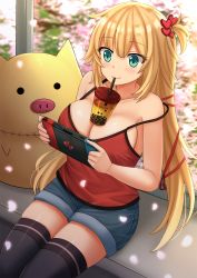 Rule 34 | 1girl, :3, akai haato, aqua eyes, bare arms, bare shoulders, black thighhighs, blonde hair, blue shorts, breasts, bubble tea, bubble tea challenge, camisole, cleavage, collarbone, commentary, cup, denim, denim shorts, disposable cup, drinking straw, haaton (akai haato), hair ornament, highres, holding, hololive, kazenokaze, large breasts, long hair, looking at viewer, nintendo switch, object on breast, one side up, red shirt, shirt, short shorts, shorts, sitting, sleeveless, sleeveless shirt, solo, spaghetti strap, strap slip, thighhighs, very long hair, virtual youtuber