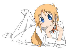 Rule 34 | 1girl, antenna hair, arawi keiichi (style), blue eyes, closed labcoat, closed mouth, foot up, full body, lab coat, long hair, looking at viewer, lying, nakakiwaz, necktie, nichijou, on stomach, orange hair, own hands together, professor shinonome, raised eyebrows, red necktie, simple background, socks, solo, steepled fingers, the pose, white background, white socks