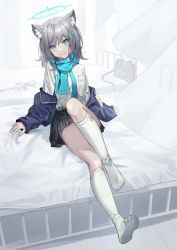 Rule 34 | 1girl, animal ear fluff, animal ears, assault rifle, bag, bed, blazer, blue archive, blue eyes, blue jacket, blue scarf, breast pocket, cross hair ornament, curtains, full body, grey hair, grey skirt, gun, hair ornament, halo, highres, hospital bed, id card, indoors, jacket, knee up, kneehighs, long sleeves, looking at viewer, medium hair, mismatched pupils, nekoreito, no shoes, off shoulder, on bed, plaid, plaid skirt, pocket, rifle, scarf, shiroko (blue archive), shirt, sig sauer 556, skirt, smile, socks, solo, striped clothes, striped scarf, weapon, white background, white shirt, white socks, wolf ears