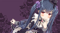Rule 34 | 1girl, black bow, black dress, black hair, black hat, blush, bow, brooch, closed mouth, commentary request, dress, flower knight girl, fur-trimmed sleeves, fur trim, hat, hat bow, jewelry, juliet sleeves, long hair, long sleeves, mini hat, mini top hat, puffy sleeves, purple background, red eyes, santa matsuri, smile, solo, striped, striped bow, top hat, torikabuto (flower knight girl), twintails, very long hair