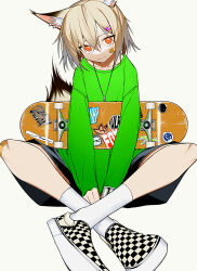 Rule 34 | 1girl, alternate costume, animal ears, arknights, bandaid, bandaid on face, blonde hair, bright pupils, checkered shoes, colored tips, crossed legs, fox ears, fox tail, full body, green sweater, hair ornament, hairclip, highres, looking at viewer, mechanical arms, multicolored hair, orange eyes, shoes, shorts, signal 1120, simple background, single mechanical arm, sitting, skateboard, smile, sneakers, socks, solo, sticker, sweater, tail, vermeil (arknights), white background, white pupils, white socks