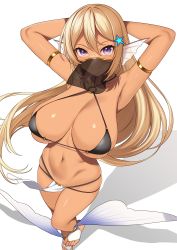 Rule 34 | 1girl, absurdres, armlet, armpits, arms behind head, bare arms, bikini, black bikini, blonde hair, breasts, cleavage, closed mouth, commentary request, commission, criss-cross halter, dancer, dark-skinned female, dark skin, enjo kouhai, era (takunomi), fins, fish girl, floating hair, hair between eyes, halterneck, head fins, highres, large breasts, long hair, looking at viewer, mole, mole under eye, mouth veil, multi-strapped bikini, navel, o-ring, o-ring top, pelvic curtain, purple eyes, see-through, shadow, sidelocks, simple background, skeb commission, skindentation, smile, solo, standing, standing on one leg, starfish hair ornament, stomach, string bikini, swimsuit, takunomi, toeless footwear, veil, white background, white footwear