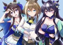 Rule 34 | 3girls, absurdres, becherry, blue eyes, brown hair, cape, cheval grand (umamusume), closed mouth, earrings, hat, highres, horse girl, jewelry, long hair, looking at viewer, multiple girls, open mouth, purple eyes, siblings, simple background, single earring, sisters, smile, twintails, umamusume, uniform, v sisters, verxina (umamusume), vivlos (umamusume)