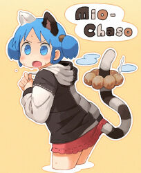 Rule 34 | 1girl, animal ears, arawi keiichi (style), black fur, blue eyes, blue hair, cat ears, cat girl, cat tail, highres, hood, hoodie, long sleeves, looking at viewer, medium hair, mochi donut, multicolored fur, naganohara mio, nichijou, nishimura (prism engine), open mouth, short twintails, skirt, solo, striped tail, tail, twintails, white fur