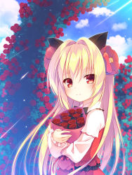 Rule 34 | 1girl, blonde hair, blue sky, blurry, blurry background, blush, bouquet, character request, closed mouth, cloud, cloudy sky, collared shirt, commentary request, day, depth of field, fingernails, flower, hair between eyes, hair flower, hair ornament, highres, long hair, long sleeves, looking at viewer, looking to the side, hugging object, open beta (vtuber), outdoors, red eyes, red flower, red rose, red skirt, red vest, rose, rose bush, shirt, skirt, sky, sleeves past wrists, smile, solo, upper body, very long hair, vest, virtual youtuber, white shirt, yuku (kiollion)
