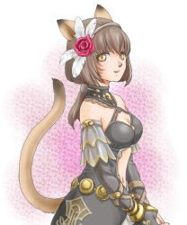Rule 34 | 1girl, animal ears, adventurer (ff11), bare shoulders, black dress, black gloves, breasts, brown hair, cat ears, cat girl, cat tail, cleavage, clothing cutout, dancer (final fantasy), dress, elbow gloves, facial mark, feather hair ornament, feathers, final fantasy, final fantasy xi, fingerless gloves, flower, gloves, grey hairband, hair flower, hair ornament, hairband, halter dress, halterneck, highres, long hair, low ponytail, medium breasts, mithra (ff11), navel, navel cutout, open mouth, pink flower, pink lips, pink rose, rose, sakutsuki, solo, standing, tail, tail raised, whisker markings, white feathers, yellow eyes