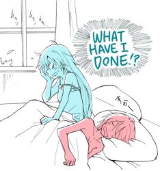 Rule 34 | 2girls, bed, bed sheet, blanket, color connection, curtains, drooling, english text, female focus, indoors, long hair, monochrome, multiple girls, multiple monochrome, pajamas, pillow, plant, ruby rose, rwby, scar, short hair, upper body, weiss schnee, window, yuri
