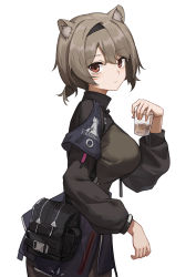 Rule 34 | 1girl, absinthe (arknights), absurdres, animal ear fluff, animal ears, arknights, black jacket, breasts, brown eyes, cowboy shot, cup, drinking glass, duan zhu, grey hair, hand up, highres, holding, holding cup, jacket, large breasts, long sleeves, looking at viewer, pouch, rhodes island logo (arknights), short hair, simple background, solo, white background