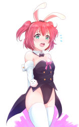 Rule 34 | 1girl, animal ears, aqua eyes, arm cuffs, arms behind back, bare shoulders, black bow, black bowtie, black leotard, blush, bow, bowtie, breasts, buttons, cleavage, coattails, detached collar, double-breasted, elbow gloves, fake animal ears, flying sweatdrops, gloves, hair bow, highleg, highleg leotard, highres, kanabun, kurosawa ruby, leotard, love live!, love live! school idol festival, love live! sunshine!!, medium breasts, open mouth, playboy bunny, rabbit ears, red bow, red bowtie, red hair, short hair, solo, standing, thighhighs, two side up, white background, white gloves, white thighhighs
