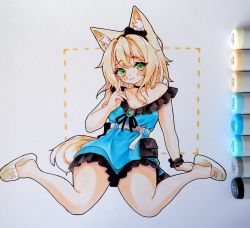 Rule 34 | 1girl, :3, animal ear fluff, animal ears, arknights, art tools in frame, bare shoulders, black bow, black hairband, black ribbon, blonde hair, blue dress, blush, bow, brooch, closed mouth, collarbone, commentary request, dog ears, dog girl, dog tail, dotted line, dress, frilled dress, frills, full body, green eyes, hair bow, hairband, hand up, highres, jewelry, long hair, off shoulder, official alternate costume, photo (medium), podenco (arknights), popi (maqu2 berry), ribbon, sitting, slippers, smile, solo, tail, traditional media, wariza, white footwear