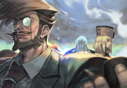 Rule 34 | 1girl, 2boys, arc system works, ashiomi masato, beard, beige jacket, blonde hair, blue eyes, breasts, brown hair, closed mouth, coat, collared shirt, facial hair, fur hat, guilty gear, guilty gear strive, hand up, hat, hungry clicker, jacket, long hair, long sleeves, male focus, mask, millia rage, monocle, multiple boys, mustache, necktie, outdoors, red neckwear, shirt, slayer (guilty gear), smile, swept bangs, venom (guilty gear), white shirt
