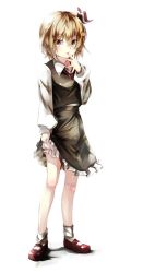 Rule 34 | 1girl, blonde hair, bloomers, clothes lift, frilled skirt, frills, full body, gorilla (bun0615), hair ribbon, highres, licking, licking finger, lifting own clothes, mary janes, ribbon, rumia, shirt, shoes, short hair, simple background, skirt, skirt lift, solo, touhou, underwear, vest, white background, yellow eyes