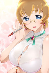 Rule 34 | 10s, 1girl, adjusting eyewear, ban keiko, bare shoulders, blue eyes, bra, breasts, brown hair, bursting breasts, cleavage, earrings, eyelashes, glasses, heartcatch precure!, huge breasts, jewelry, lingerie, lips, lipstick, makeup, mature female, no nose, pen, precure, see-through, solo, straining buttons, ueyama michirou, undersized clothes, underwear, watch, wristwatch