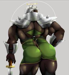 Rule 34 | 1boy, aldrich (4giogio4), ass, ass hair, back cutout, back hair, bara, beard, between buttocks, black bodysuit, black thighhighs, bodysuit, clothing cutout, colored skin, facial hair, facing to the side, fat rolls, feet out of frame, from behind, glowing halo, green skin, hairy, helmet, huge ass, large pectorals, latex, latex bodysuit, leaning forward, leg hair, male focus, mature male, monster boy, muscular, muscular male, orc, original, pectorals, planted, planted sword, planted weapon, pointy ears, presenting, revealing clothes, second-party source, shiny clothes, short hair, solo, standing, sweat, sword, taoren, thick eyebrows, thick thighs, thighhighs, thighs, tusks, weapon