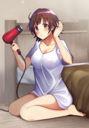 Rule 34 | 1girl, barefoot, bed, blanket, blush, breasts, brown eyes, brown hair, closed mouth, collarbone, commentary request, covered erect nipples, hair dryer, hands up, highres, holding, holding hair dryer, honda mio, idolmaster, idolmaster cinderella girls, large breasts, looking at viewer, no bra, seiza, shirt, short hair, sitting, solo, z.nov