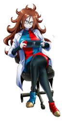 Rule 34 | 1girl, 71, android 21, black nails, blue eyes, boots, brown hair, chair, color connection, crossed legs, dragon ball, dragon ball fighterz, dress, earrings, fingerless gloves, full body, game console, glasses, gloves, high heel boots, high heels, hoop earrings, jewelry, lab coat, long hair, messy hair, multicolored clothes, multicolored dress, nail polish, nintendo, nintendo switch, office chair, pale skin, pantyhose, playing games, short dress, simple background, sitting, solo, sweatdrop, swivel chair, white background