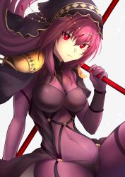 Rule 34 | 1girl, armor, bodysuit, breasts, covered navel, fate/grand order, fate (series), gae bolg (fate), hair between eyes, highres, kaze minoru so-ru, large breasts, long hair, looking at viewer, pauldrons, polearm, purple bodysuit, purple hair, red eyes, scathach (fate), shoulder armor, solo, spear, thighs, veil, weapon