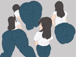 Rule 34 | 1girl, ass, ass focus, black hair, crossed arms, denim, en&#039;en no shouboutai, from behind, from below, highres, huge ass, jeans, leaning forward, long hair, maki oze, multiple views, pants, shirt, short sleeves, simple background, t-shirt, thick thighs, thighs, white shirt, yesevilberry