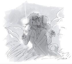 Rule 34 | 1boy, 1girl, backlighting, bare shoulders, blush, braid, closed eyes, cloud, commentary, dress, earrings, english commentary, frown, grass, greyscale, hetero, highres, jewelry, kiss, link, long hair, monochrome, nintendo, pointy ears, princess zelda, signature, simple bird, strapless, strapless dress, sun, surprised, tall grass, the legend of zelda, the legend of zelda: tears of the kingdom, thereinart