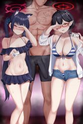 Rule 34 | 1boy, 2girls, abs, absurdres, animal ears, ayane (blue archive), ayane (swimsuit) (blue archive), bike shorts, bikini, bikini skirt, black hair, blue archive, blue hair, blue ribbon, blurry, blurry background, blush, bob cut, body writing, braid, breasts, bulge, cat ears, cleavage, collarbone, commentary request, covering face, crown braid, dark-skinned male, dark skin, denim, denim shorts, doodle sensei (blue archive), erection, erection under clothes, faceless, faceless male, feet out of frame, flower, frilled bikini, frills, groin, hair flower, hair ornament, halo, halterneck, highres, huge penis, id card, large breasts, long hair, mukae gou, multiple girls, muscular, muscular male, navel, partial commentary, peeking through fingers, penis, pointy ears, red-framed eyewear, red eyes, ribbon, scar, sensei (blue archive), serika (blue archive), serika (swimsuit) (blue archive), shadow, short hair, shorts, small breasts, steaming body, strap gap, striped bikini, striped clothes, swimsuit, translation request, twintails, very long hair, yellow eyes