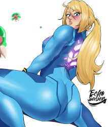 Rule 34 | 1girl, absurdres, ass, biceps, blonde hair, blue bodysuit, blue eyes, blush, bodysuit, breasts, commentary, echo saber, english commentary, covered erect nipples, from behind, highres, lips, long hair, looking at viewer, looking back, medium breasts, metroid, metroid (creature), muscle, muscular, muscular female, neon trim, nintendo, ponytail, samus aran, sitting, skin tight, solo focus, thick thighs, thighs, wariza, zero suit
