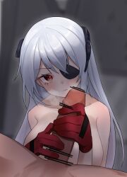 Rule 34 | 1boy, 1girl, absurdres, bad id, bad pixiv id, bar censor, bare shoulders, blush, breasts, censored, collarbone, evelyn (neural cloud), girls&#039; frontline, girls&#039; frontline neural cloud, gloved handjob, gloves, grey background, grey hair, handjob, headgear, highres, large breasts, long hair, looking at viewer, nude, penis, red eyes, red gloves, steam, two-handed handjob, yumin867355251