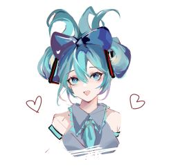 Rule 34 | 1girl, :d, bare shoulders, blue bow, blue eyes, blue hair, blue necktie, bow, cinnamiku, collared shirt, commentary request, cropped torso, grey shirt, hair bow, hatsune miku, heart, highres, looking at viewer, necktie, open mouth, sanrio, shen jiu, shirt, sidelocks, simple background, sleeveless, sleeveless shirt, smile, solo, updo, upper body, vocaloid, white background