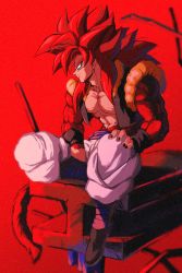 Rule 34 | bare pectorals, biceps, black footwear, body fur, dragon ball, dragon ball gt, foot dangle, from side, gogeta, highres, metamoran vest, monkey boy, monkey tail, muscular, muscular male, no nipples, pants, pectorals, red background, red fur, red sky, relio db318, ruins, simple background, sitting, sky, solo, spiked hair, steel beam, super saiyan, super saiyan 4, tail, white pants, wristband