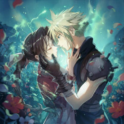Rule 34 | 1boy, 1girl, aerith gainsborough, aqua eyes, armor, bandaged arm, bandages, belt, blonde hair, blue shirt, blurry, blurry foreground, bracelet, braid, braided ponytail, brown gloves, brown hair, closed eyes, cloud, cloud strife, couple, cropped jacket, crying, dress, earrings, falling petals, field, final fantasy, final fantasy vii, flower, flower field, forehead-to-forehead, gloves, hair between eyes, hair ribbon, hand on another&#039;s cheek, hand on another&#039;s face, hands on another&#039;s face, heads together, hetero, highres, imminent kiss, jacket, jewelry, kieta, long hair, looking at another, outdoors, parted bangs, parted lips, petals, pink dress, pink ribbon, red flower, red jacket, ribbon, shirt, short hair, short sleeves, shoulder armor, sidelocks, sky, sleeveless, sleeveless turtleneck, spiked hair, suspenders, tears, turtleneck, upper body, wavy hair