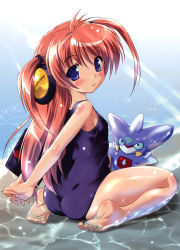 Rule 34 | 1girl, :3, absurdres, akatsuki no amaneka to aoi kyojin, amaneka machbuster, armpits, arms behind back, ass, barefoot, blue eyes, blush, child, fang, feet, flat chest, from behind, hair ornament, highres, komatsu eiji, legs, light rays, long hair, looking at viewer, looking back, official art, one-piece swimsuit, own hands clasped, own hands together, red hair, scan, school swimsuit, scrunchie, shiny clothes, shiny skin, sitting, smile, soles, solo, sparkle, spread legs, sunbeam, sunlight, swimsuit, toes, twintails, water