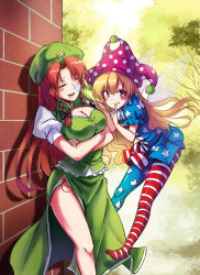 Rule 34 | 2girls, adapted costume, american flag legwear, american flag shirt, blonde hair, blush stickers, braid, breasts, brick wall, cleavage, cleavage cutout, clothing cutout, clownpiece, day, drooling, fairy wings, fang, fang out, finger to mouth, floating hair, hair ribbon, hat, highres, hong meiling, jester cap, koissa, large breasts, long hair, looking at viewer, multiple girls, nose bubble, orange eyes, outdoors, pantyhose, parted bangs, polka dot, prank, puffy short sleeves, puffy sleeves, red hair, ribbon, saliva, short sleeves, side slit, skirt, skirt set, sleeping, sleeping upright, touhou, tress ribbon, twin braids, wings