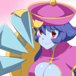 Rule 34 | 1girl, blue skin, blush stickers, breasts, capcom, chinese clothes, claws, cleavage, cleavage cutout, clothing cutout, colored skin, flipped hair, hat, jiangshi, large breasts, lei lei, looking at viewer, ofuda, purple hair, qingdai guanmao, red eyes, short hair, smile, solo, vampire (game), yoshida keiji