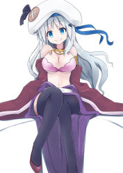 Rule 34 | 1girl, bare shoulders, black thighhighs, blue eyes, blue hairband, bow, bra, breasts, cape, commentary request, cosplay, dot nose, dress, hair ornament, hairband, hairclip, hat, high heels, jewelry, large breasts, little busters!, long hair, navel, necklace, noumi kudryavka, original, pink bra, pon (shind 997), pumps, purple dress, red cape, red footwear, silver hair, sitting, smile, solo, strapless, strapless bra, thighhighs, underwear