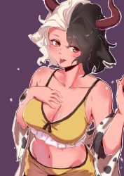 Rule 34 | 1girl, :p, absurdres, animal ears, animal print, bare shoulders, black hair, blush, breasts, brown eyes, cleavage, collarbone, cow ears, cow horns, cow print, cowboy shot, crop top, fangs, groin, hand on own chest, hand up, haori, highres, horns, japanese clothes, large breasts, long sleeves, looking at viewer, midriff, multicolored hair, navel, off shoulder, outline, purple background, short hair, silver hair, simple background, skirt, skirt set, smile, solo, spaghetti strap, split-color hair, sports bra, stomach, tongue, tongue out, touhou, tuck (tuck23978434), two-tone hair, ushizaki urumi, white outline, wide sleeves, yellow skirt