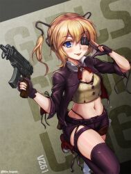 1girl :p black_jacket black_shorts black_thighhighs blonde_hair blue_eyes breasts cleavage cleavage_cutout clothing_cutout eyepatch fuhikari girls&#039;_frontline gloves gun holding holding_gun holding_weapon jacket long_hair looking_at_viewer navel panties partially_fingerless_gloves shorts skorpion_(girls&#039;_frontline) skorpion_vz._61 small_breasts smile solo stomach string_panties submachine_gun thighhighs tongue tongue_out twintails underwear w weapon