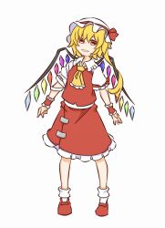 Rule 34 | 1girl, ascot, blonde hair, fang, flandre scarlet, frilled ascot, frilled shirt collar, frilled skirt, frills, full body, hat, hat ribbon, head tilt, highres, long hair, looking at viewer, mob cap, multicolored wings, one-hour drawing challenge, one side up, open mouth, puffy short sleeves, puffy sleeves, red eyes, red footwear, red ribbon, red skirt, red vest, ribbon, shirt, shoes, short sleeves, simple background, skin fang, skirt, sleeve ribbon, socks, solo, standing, touhou, vest, watanukimurama, white background, white hat, white shirt, white socks, wings, wrist cuffs, yellow ascot