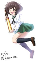 Rule 34 | 10s, 1girl, :d, akiyama yukari, black neckerchief, black socks, blouse, brown eyes, brown footwear, brown hair, commentary request, dated, fading, from side, girls und panzer, green skirt, highres, holding, jumping, loafers, long sleeves, looking at viewer, looking back, messy hair, miniskirt, neckerchief, one-hour drawing challenge, ooarai school uniform, open mouth, pleated skirt, school uniform, serafuku, shiina excel, shirt, shoes, short hair, skirt, smile, socks, solo, tank shell, twitter username, white shirt
