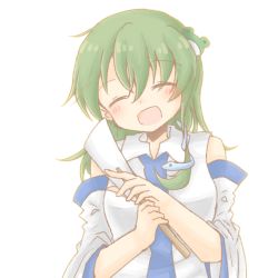 Rule 34 | 1girl, artist request, bare shoulders, blouse, blush, breasts, closed eyes, collared shirt, commentary request, detached sleeves, eyes visible through hair, frog hair ornament, gohei, green hair, hair between eyes, hair ornament, hands up, highres, kochiya sanae, long sleeves, medium breasts, medium hair, open mouth, shirt, simple background, smile, snake hair ornament, solo, standing, touhou, upper body, white background, white shirt, wide sleeves