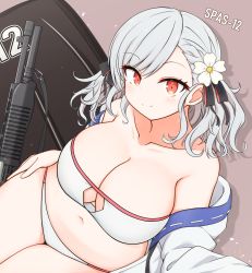 Rule 34 | 1girl, absurdres, bare shoulders, bikini, breasts, cleavage, cleavage cutout, clothing cutout, collarbone, curvy, dual-mode shotgun, girls&#039; frontline, grey hair, gun, highres, large breasts, looking at viewer, navel, office, official alternate costume, pump-action shotgun, pump action, red eyes, risshu, semi-automatic shotgun, shotgun, smile, solo, spas-12, spas-12 (girls&#039; frontline), spas-12 (midsummer fruit) (girls&#039; frontline), swimsuit, weapon, wide hips
