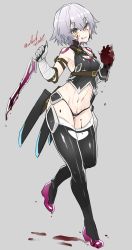 Rule 34 | 1girl, arm belt, bandages, bandaged arm, bandages, black panties, blood, blood on face, blood splatter, blood stain, blood on clothes, blood on hands, bloody weapon, blue eyes, dagger, scar on face, fate/apocrypha, fate/grand order, fate (series), gloves, green eyes, haoro, heart, heart (organ), highres, holding, holding dagger, holding heart, holding knife, holding weapon, jack the ripper (fate/apocrypha), knife, looking at viewer, lowleg, lowleg panties, organs, panties, scar, scar across eye, scar on cheek, scar on face, shoulder tattoo, single glove, smile, solo, tattoo, thighhighs, underwear, weapon, white hair
