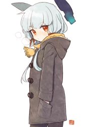 Rule 34 | 1girl, ark kan, black pantyhose, coat, commentary request, cowboy shot, grey coat, hair ribbon, hands in pockets, headgear, hood, hooded coat, kantai collection, long hair, looking at viewer, murakumo (kancolle), orange eyes, orange scarf, pantyhose, ribbon, scarf, short eyebrows, sidelocks, silver hair, simple background, solo, standing, tress ribbon, white background